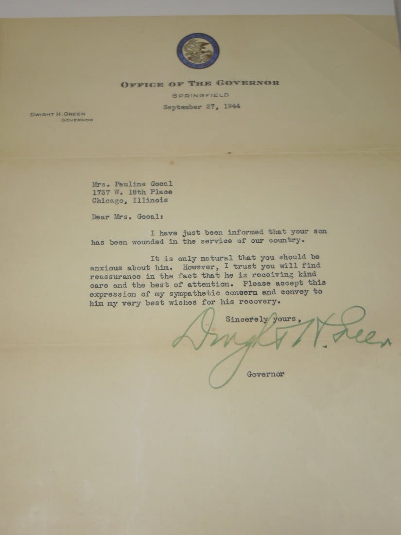 Lot 279: WWII US Military Wounded In Action IL Governor Signed