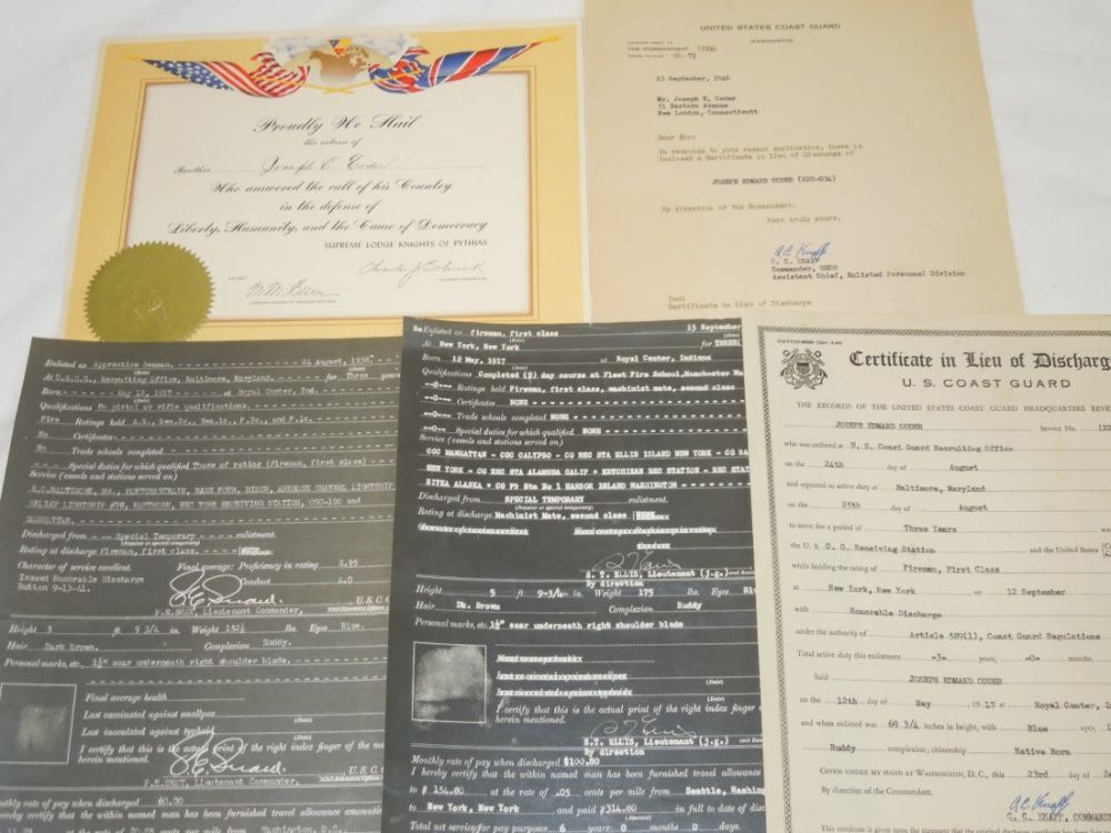 Lot 280: WWII US Coast Guard Certificate Paper Document Named