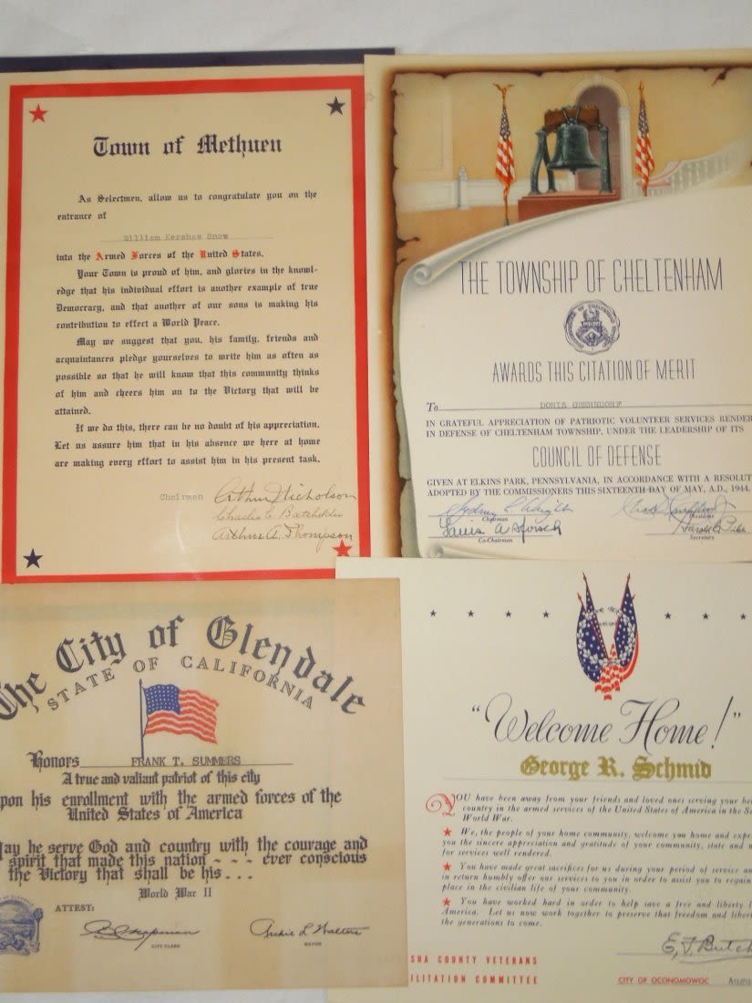 Lot 281: WWII Lot of 4 US Military Local City Town Certificates