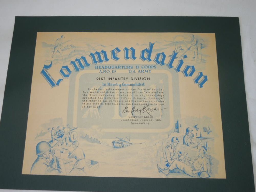Lot 286: WWII 91st Infantry Division II Corps Commendation