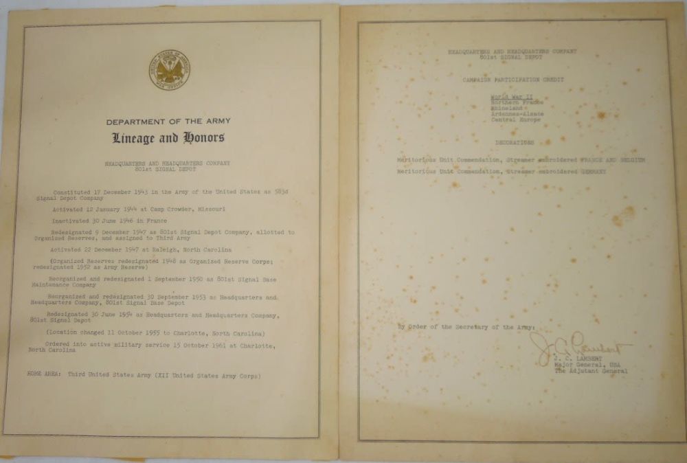 Lot 287: US Army 801st Signal Depot Lineage and Honors