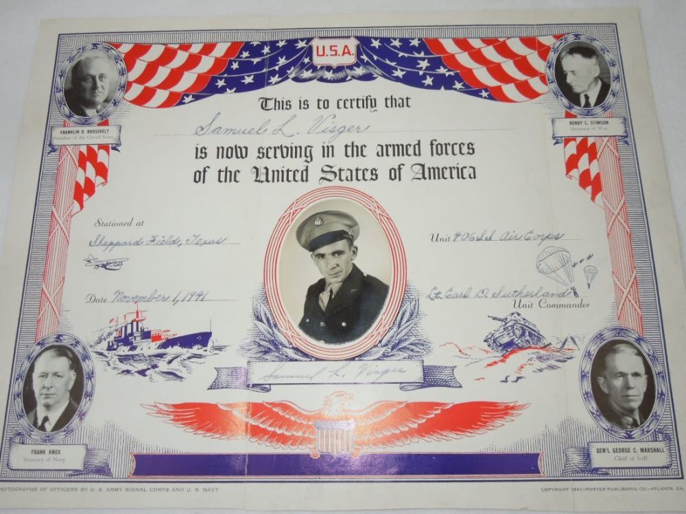 Lot 288: WWII USAAF Air Corps Photograph Certificate 1941