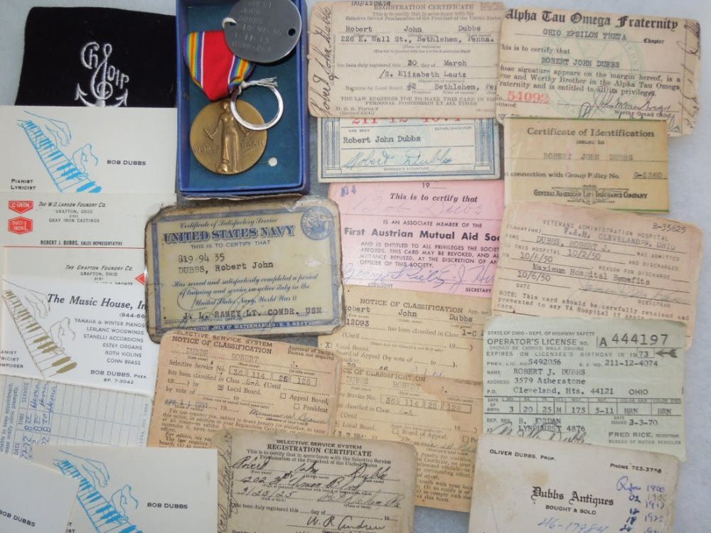 Lot 312: WWII US Navy Choir Medal Dog Tag Card Group