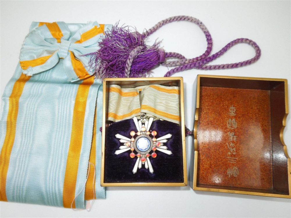 Lot 296: Japanese Order Sacred Treasure 3rd Class Badge Medal, Case RARE Large Ribbon & Cords
