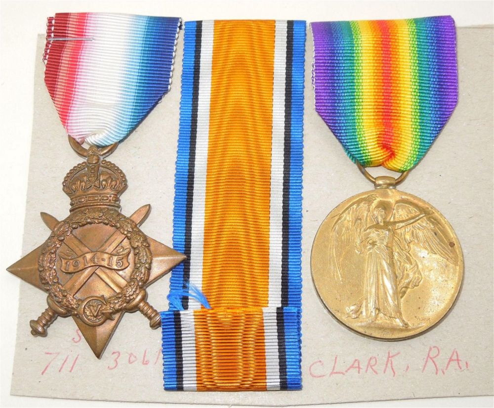Lot 333: WWI Named British Gunner Lot 1914-15 Star, Victory Medals & Ribbon