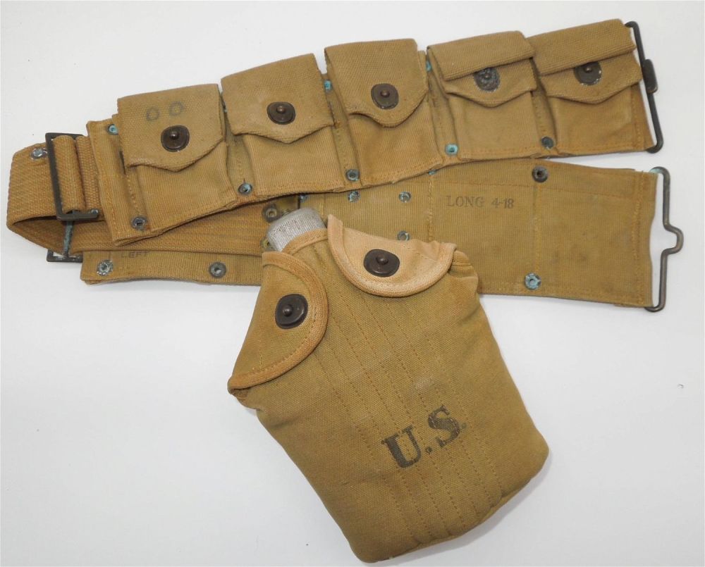 Lot 342: WWI US Army 1918 Dated Canteen w/ Pouch & 1918 Cartridge Belt