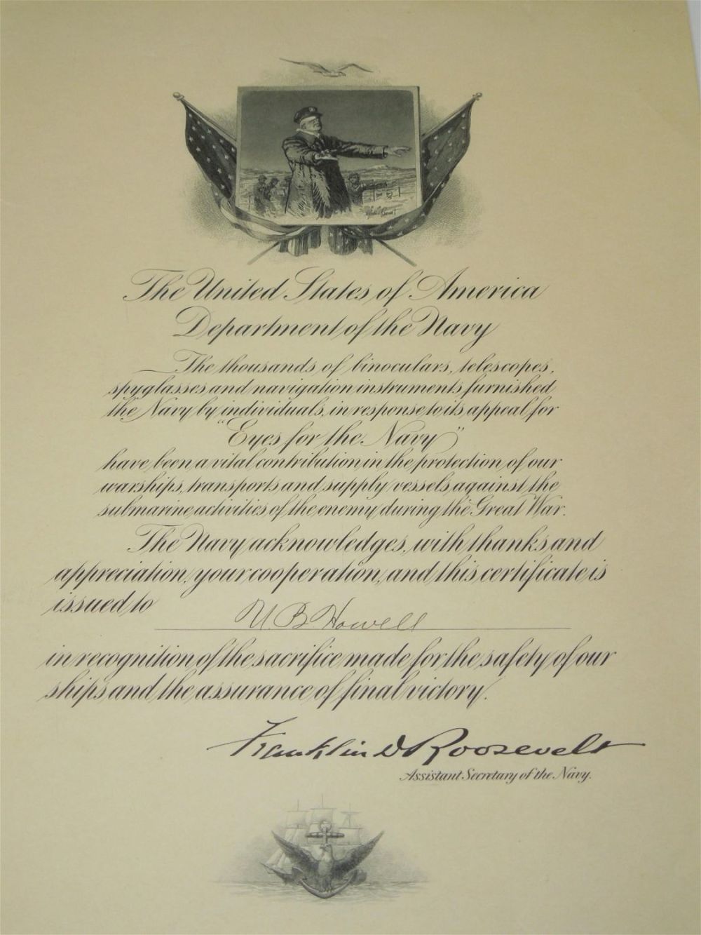 Lot 358: WWI Eyes for the Navy Certificate Roosevelt FDR Document