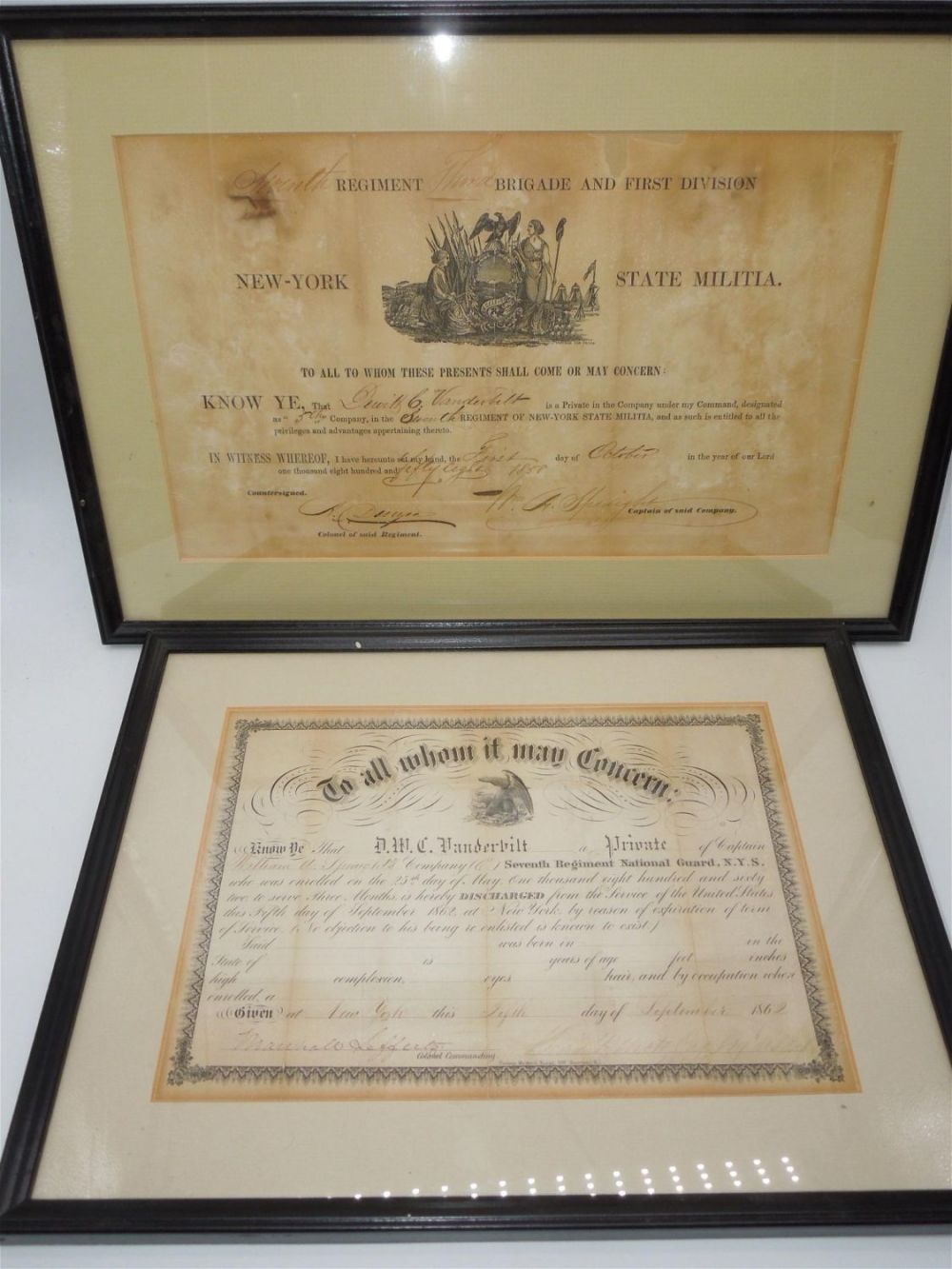 Lot 385: Civil War 7th New York Regiment Militia Enlistment & Discharge Documents Lot of 2