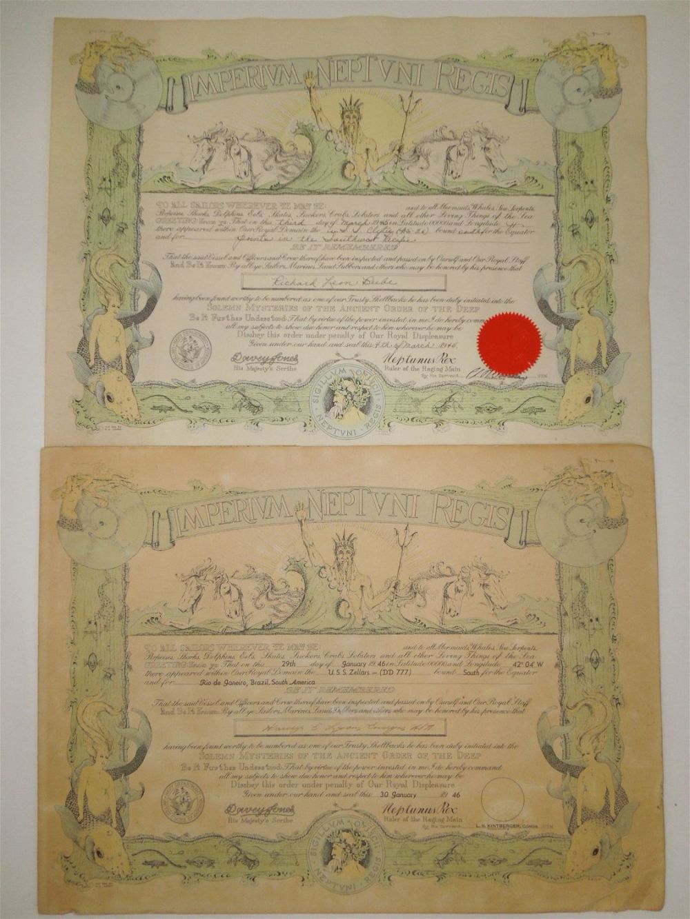 Lot 424: WWII US Navy Crossing the Line Certificates