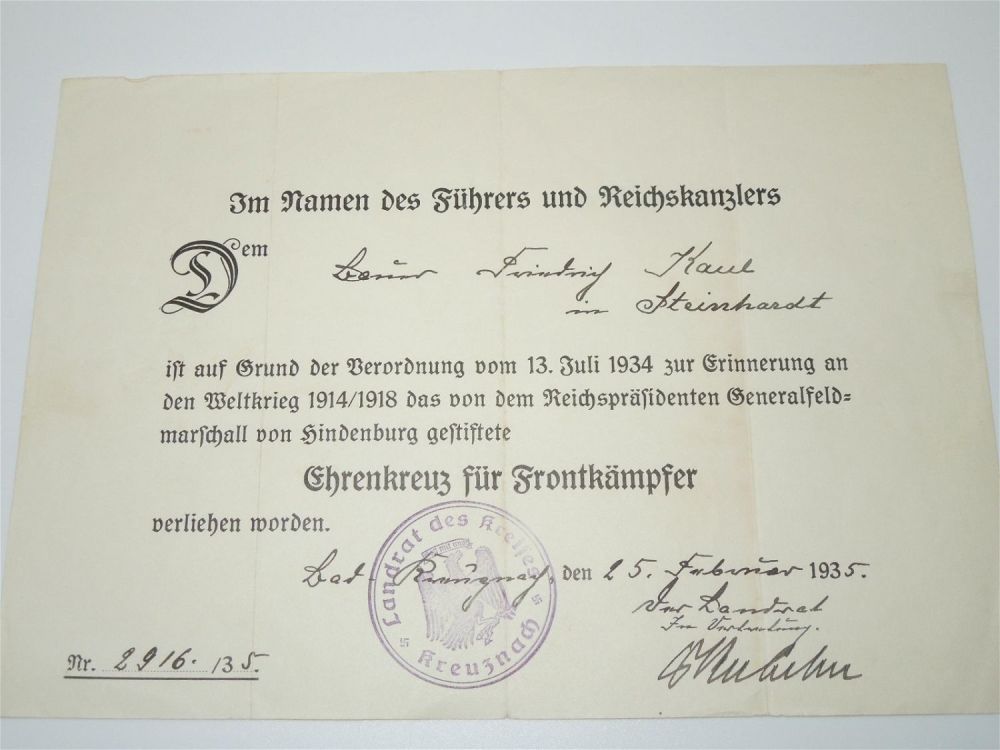 Lot 428: 1930s German Army Hindenburg Cross Combatant Certificate Document