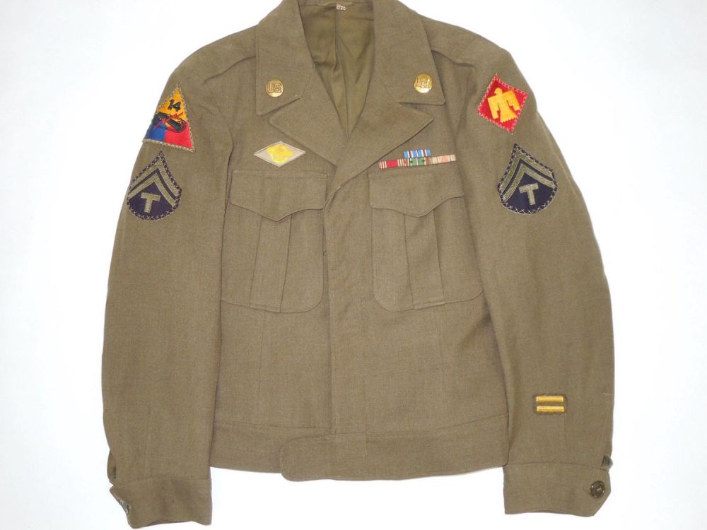 Lot 181: WWII US Army 45th Infantry Division 14th Armored Cross Stitched Ike Uniform Jacket