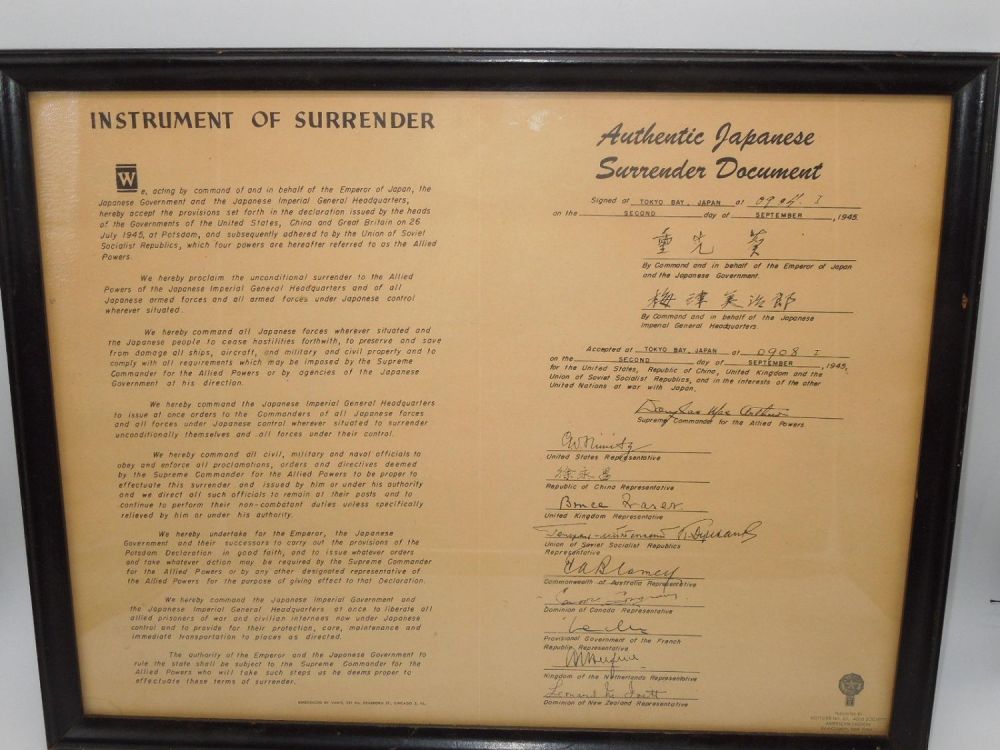 Lot 212: Authentic Japanese Instrument of Surrender Document Period Copy