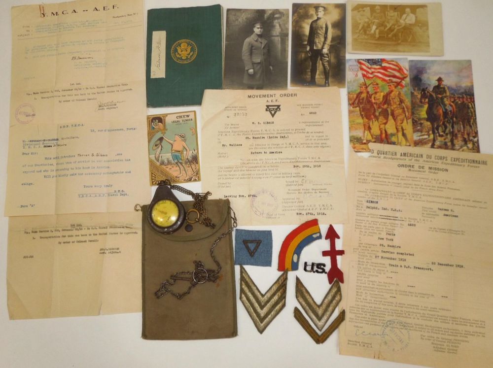 Lot 218: WWI 42nd & 32nd Infantry Division AEF YMCA Officer Watch, Paper & Passport Group