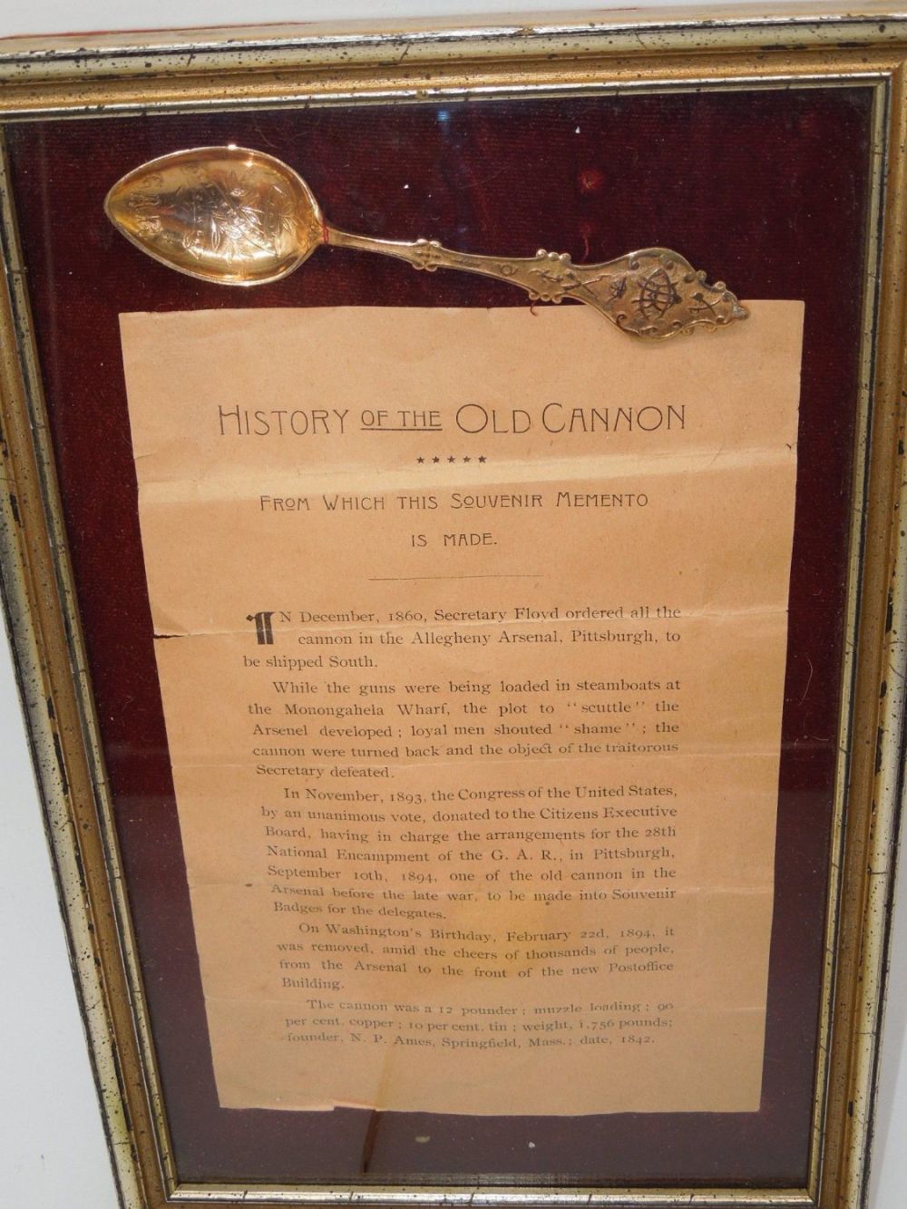 Lot 243: GAR Civil War Framed Spoon Made From Old Cannon with History Paper Ames