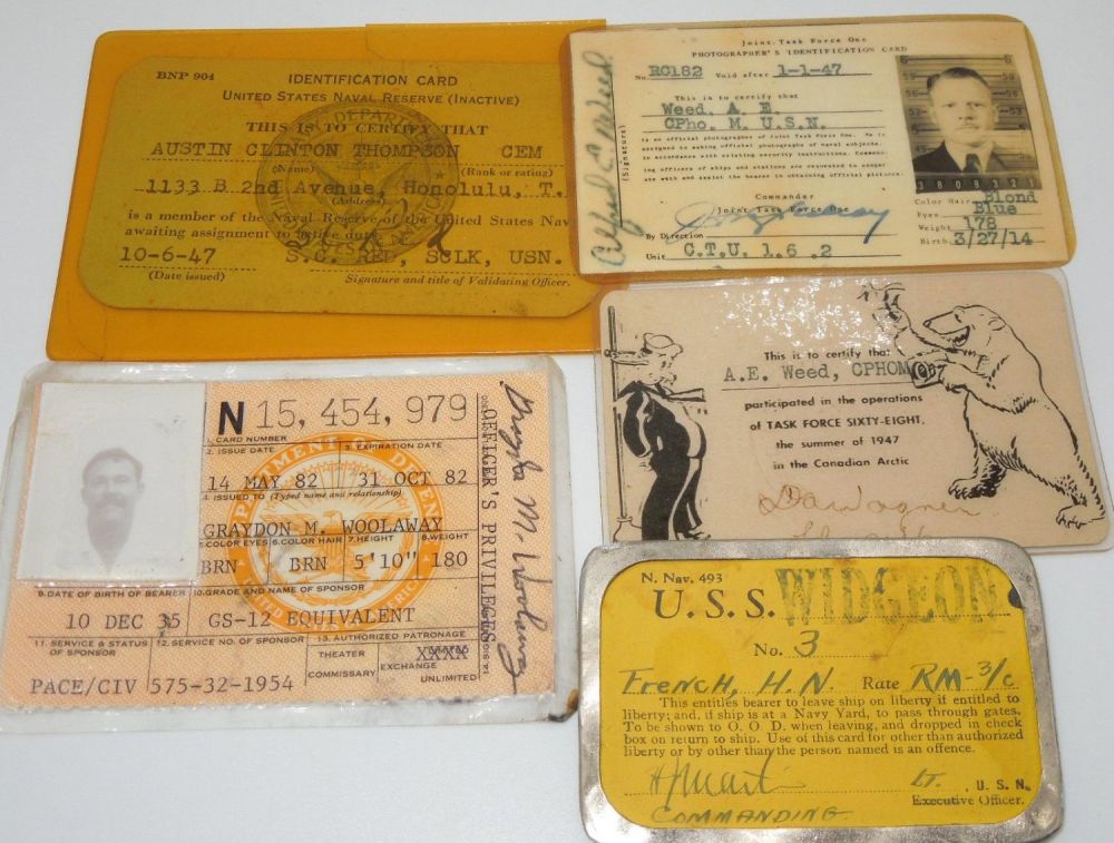 Lot 264: WWII & Post War US Navy ID Cards USS Widgeon Arctic Hawaii