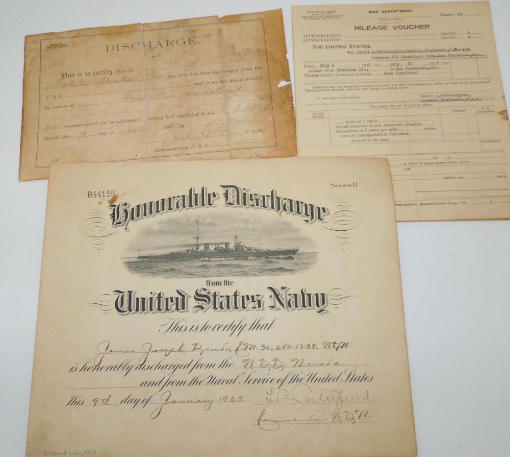 Lot 265: 1899 -1920s USN Navy & War Depart Discharges Paperwork Documents & Army Vouchers