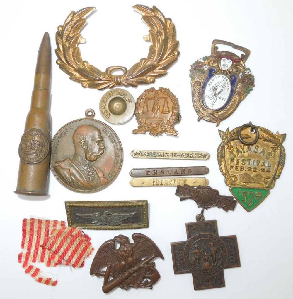 Lot 274: Spanish American War - WWI US & German Trench Art Franz Josef Medal Lot