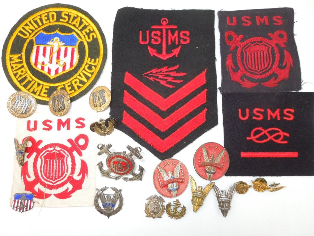 Lot 283: WWII US Maritime Service Merchant Marine Pins & Patches Sterling
