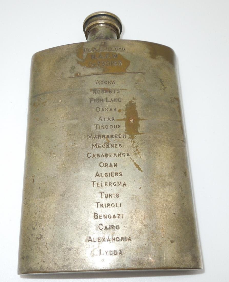 Lot 322: WWII US NAFW North Africa Officer Engraved Flask