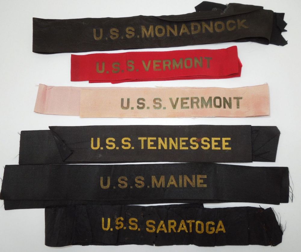 Lot 339: Spanish American War - WWI Era Ship Cap Hat Tallies Tally Bands Lot of 6