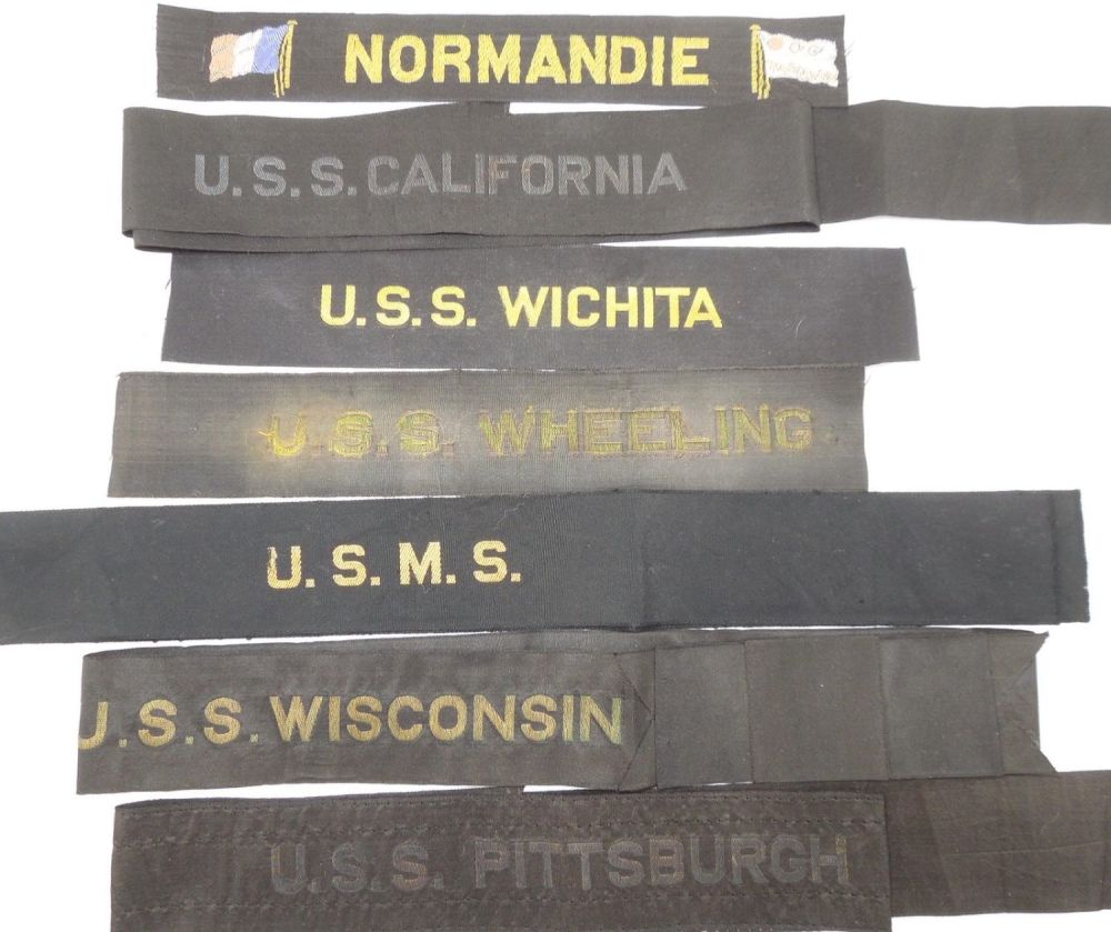 Lot 340: Navy Spanish American SAW - WWI Ship Ocean Liner Cap Hat Tallies Tally Bands Lot of 7