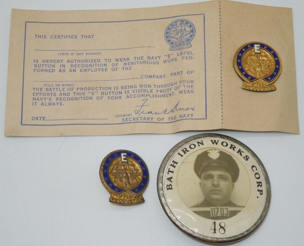 Lot 355: WWII Bath Iron Works Guard Badge & Sterling Production Pins with Presentation Card
