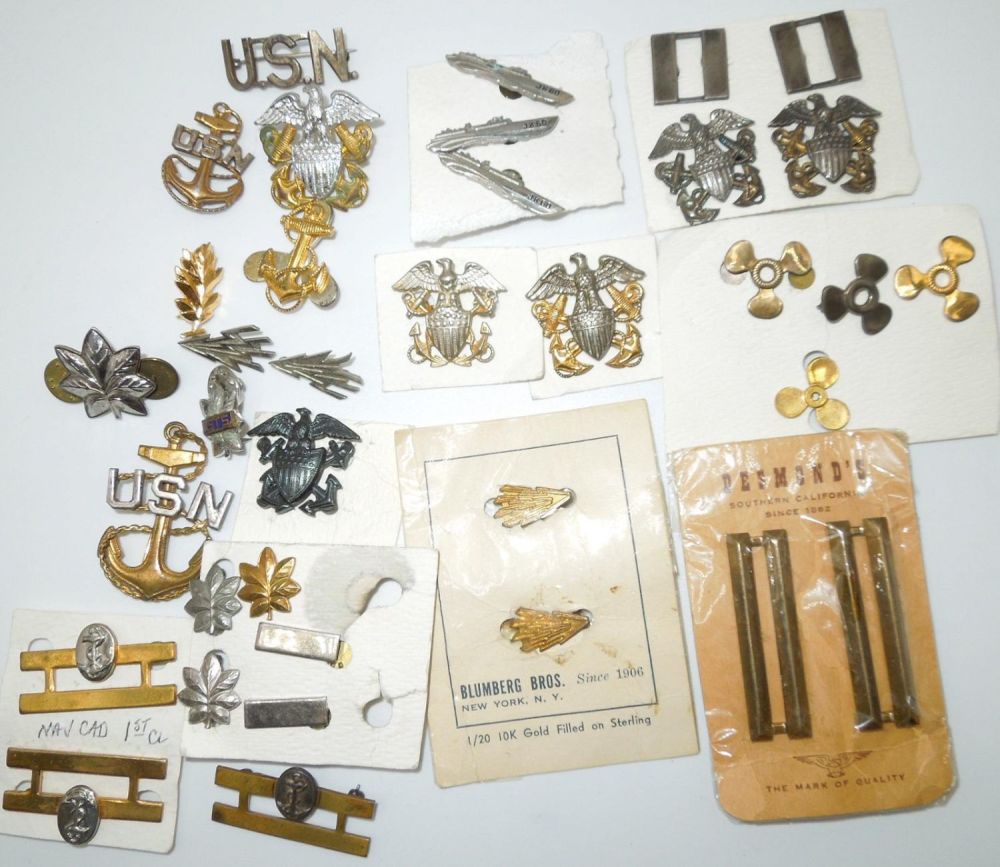 Lot 360: USN Navy Officers Commander CPO Anchor Etc. Collar Insignia Pins Badges Sterling