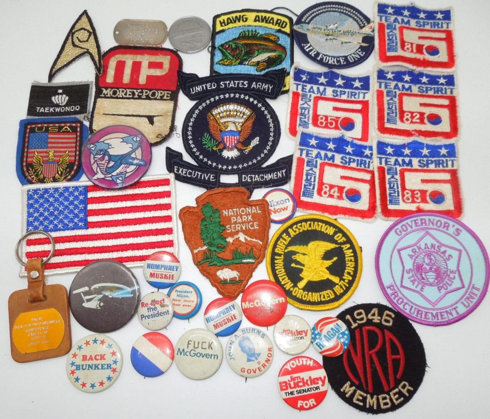 Lot 444: Vintage Political, Novelty Patches & Buttons NRA Team Spirit McGovern Large Lot