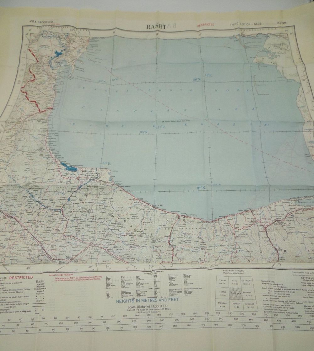 Lot 461: Korean War USAAF Army Air 1952 Aviator Restricted Silk Escape Map of Baku & Rasht Pacific