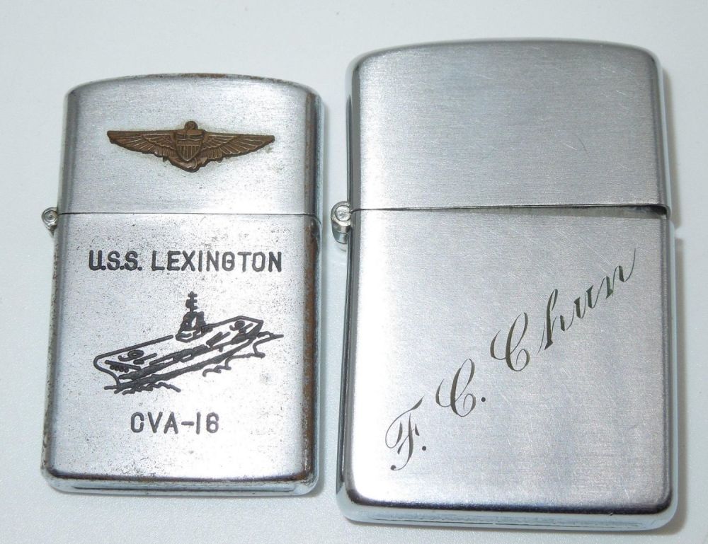Lot 480: Vintage USN Navy USS Lexington Naval Aviation Penguin & Zippo Lighters