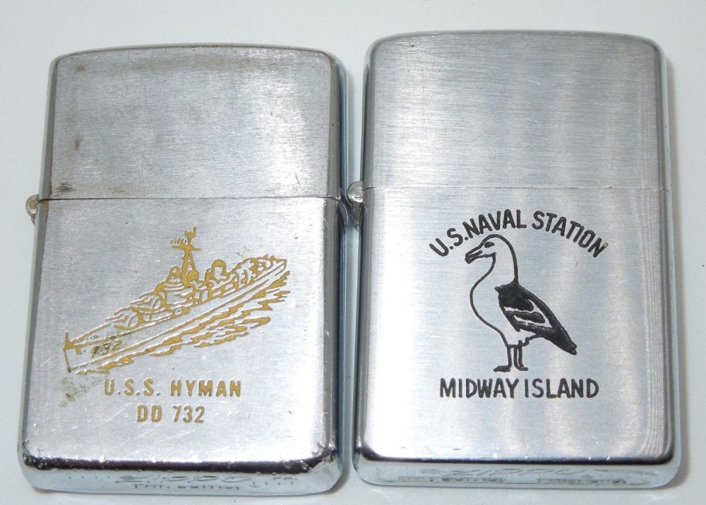 Lot 486: USN Navy USS Hyman Destroyer & US Naval Station Midway Islands Zippo Lighters