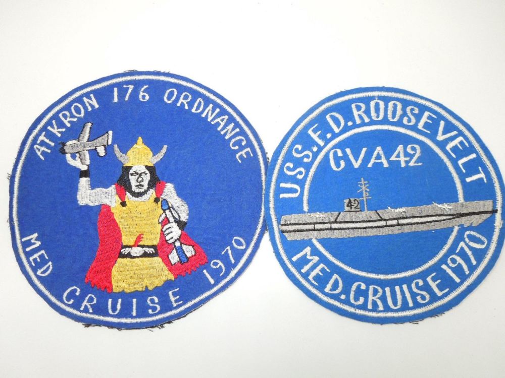 Lot 517: 2 USN Navy 1970 Theater Made Vietnam Ship Patches ATKRON Ordnance USS FDR