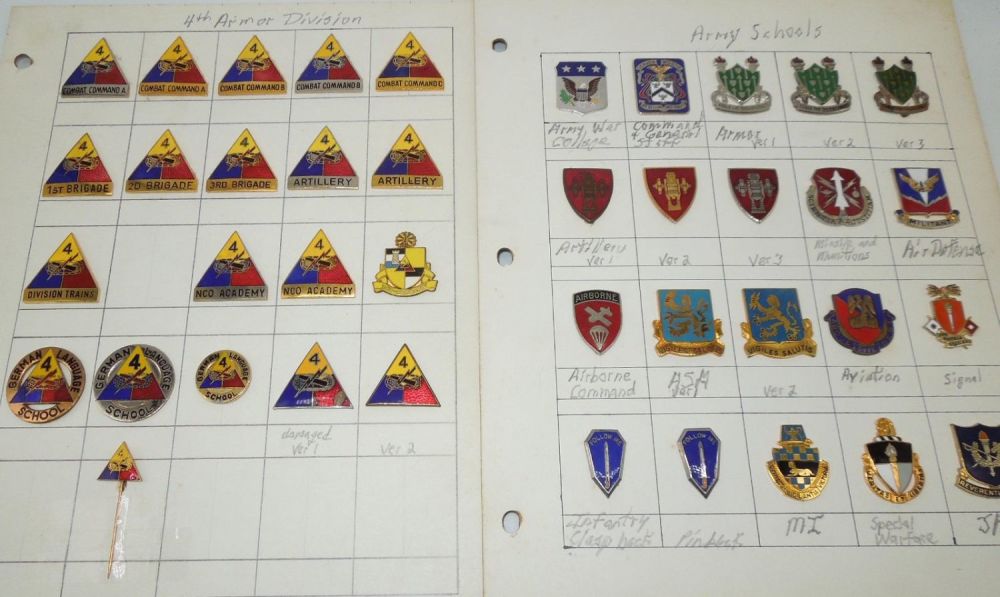 Lot 540: Vintage US Army Schools & 4th Armored DUI Unit Crest Pins Collection