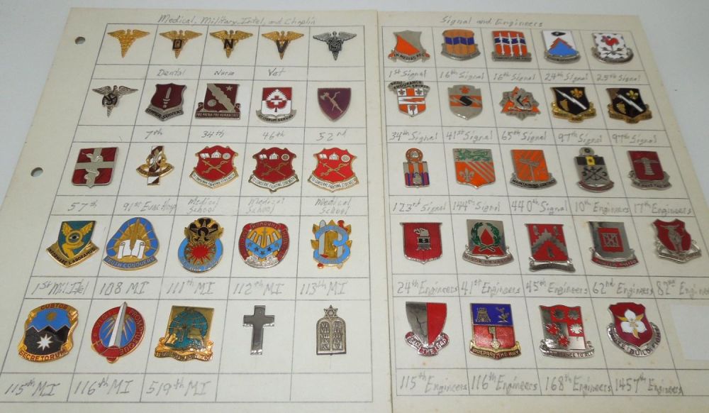 Lot 551: Vintage US Army Medical Signal Engineer Chaplain DUI Unit Crest Pins Lot