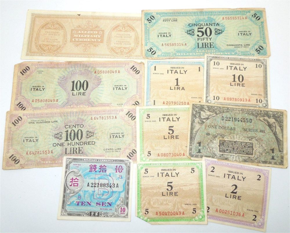 Lot 238: WWII Military Allied Banknote Currency Payment Certificate Money Lot Italy Japan