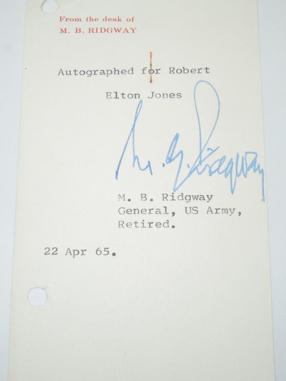 Lot 247: Original Signed 1965 Army General Matthew Ridgway Autograph Stationary Note