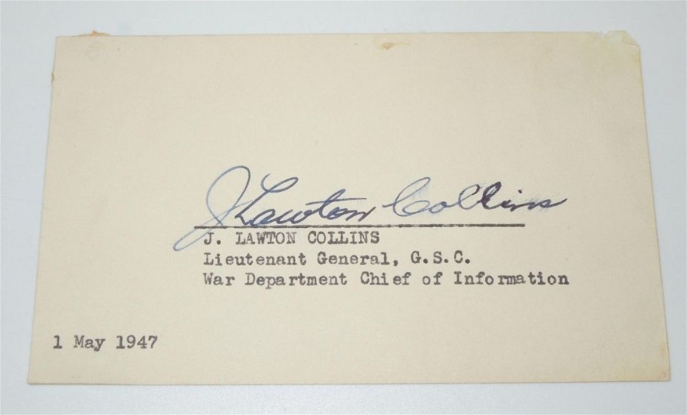 Lot 251: Original Signed 1947 US Army General J. Lawton Collins Autograph Card