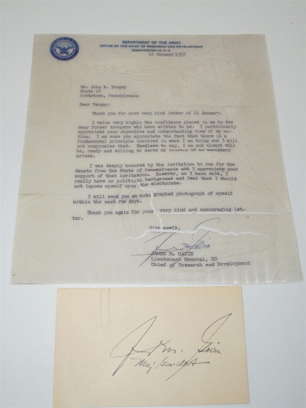 Lot 257: Original Signed US Army General James Gavin Airborne Autographed TLS & Card