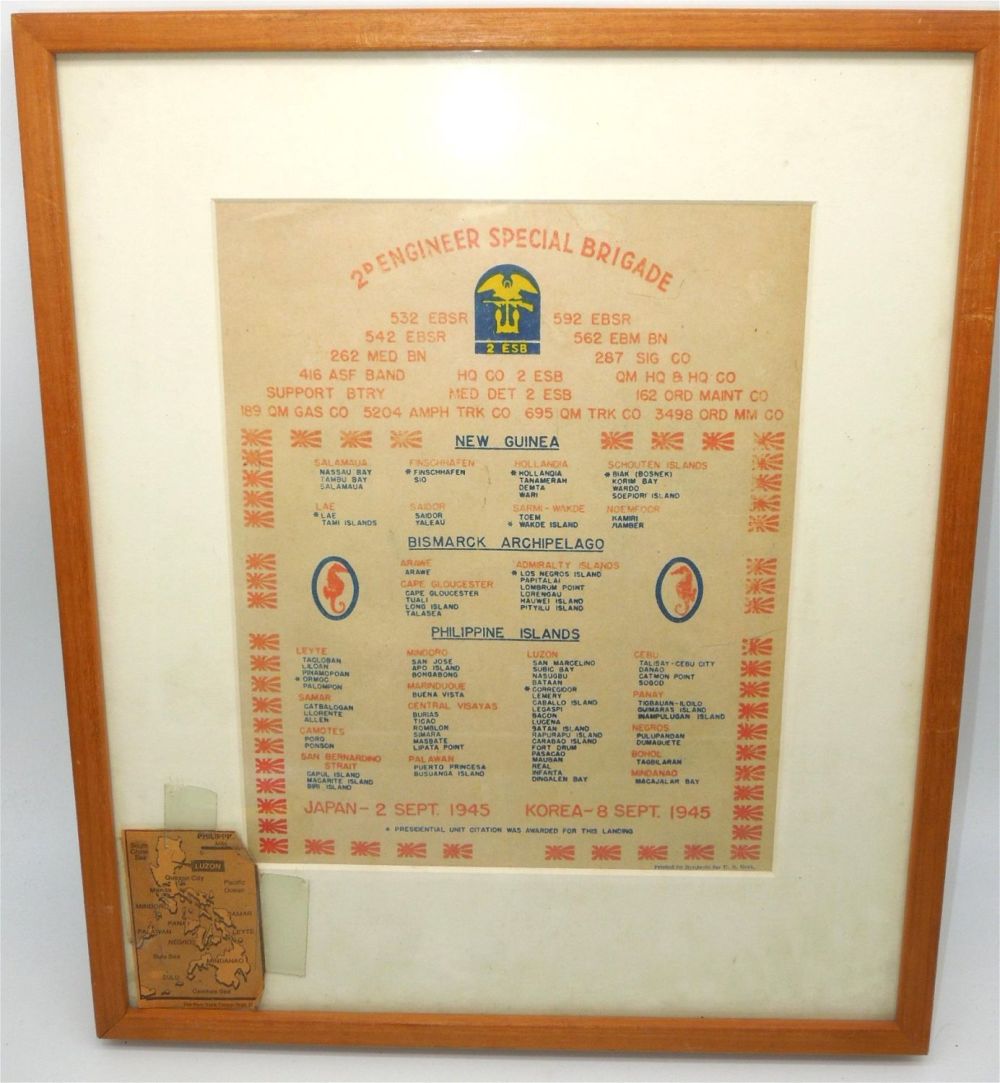 Lot 258A: WWII U.S. Army 2nd Engineer Special Brigade Framed Unit History Document
