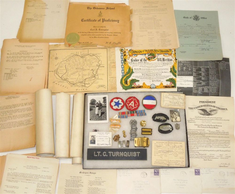 Lot 268: WWII Ninth Army Ordnance Corps Officer European Theater Dog Tag Ribbons Paper Archive
