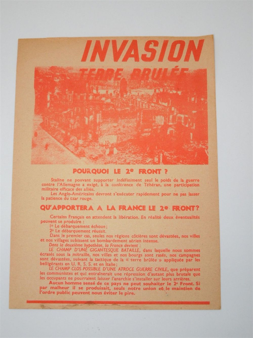 Lot 345: WWII German Invasion Propaganda Dropped Leaflet in France Anti-British & American