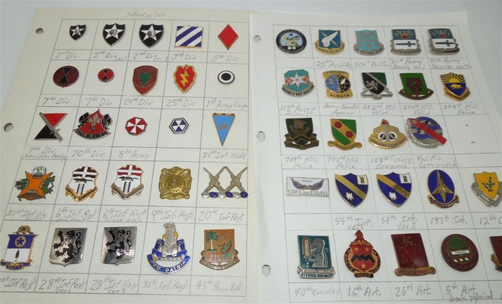 Lot 366: WWII - 1960s US Army Infantry division DUI Unit Insignia Crest Pins Collection