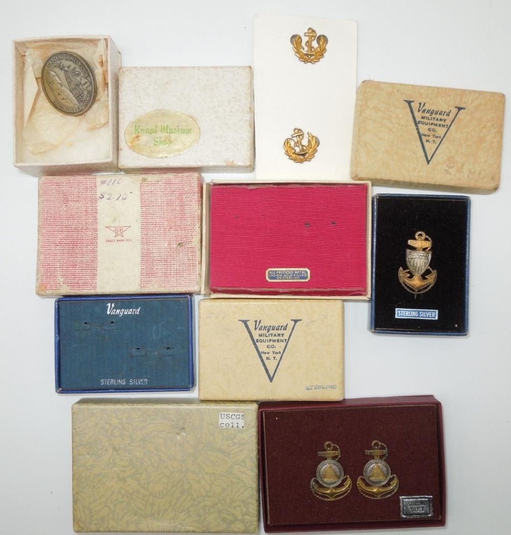 Lot 155: Vintage Boxed WWII Naval & Maritime Insignia Pins & Empty Boxes