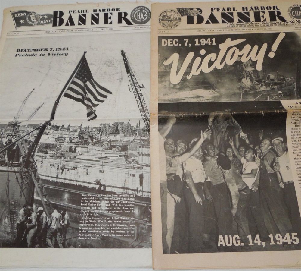 Lot 157: WWII USN Navy Lot (2) Pearl Harbor Banner Newspapers 1944 & 1945 Victory Edition CHA3