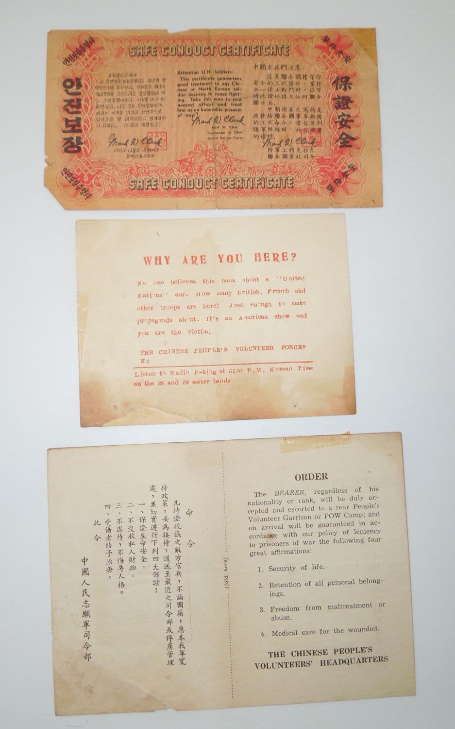 Lot 195: Korean War Era US & China Chinese Safe Conduct Surrender POW Passes & Certificate