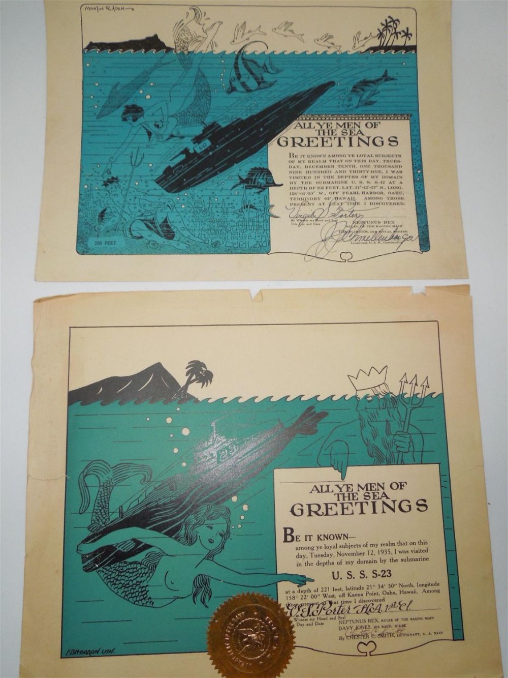 Lot 197: 1931 & 1935 US Navy Submarine Neptunus Rex Pearl Harbor Oahu Hawaii Certificates