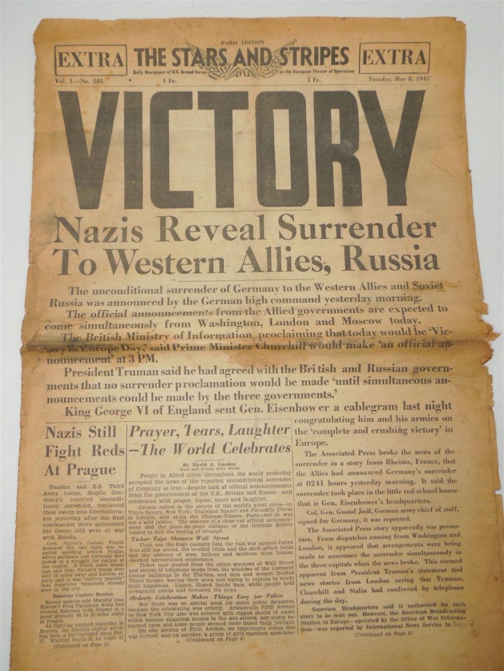 Lot 249: WWII May 1945 Stars & Stripes VICTORY in Europe Newspaper