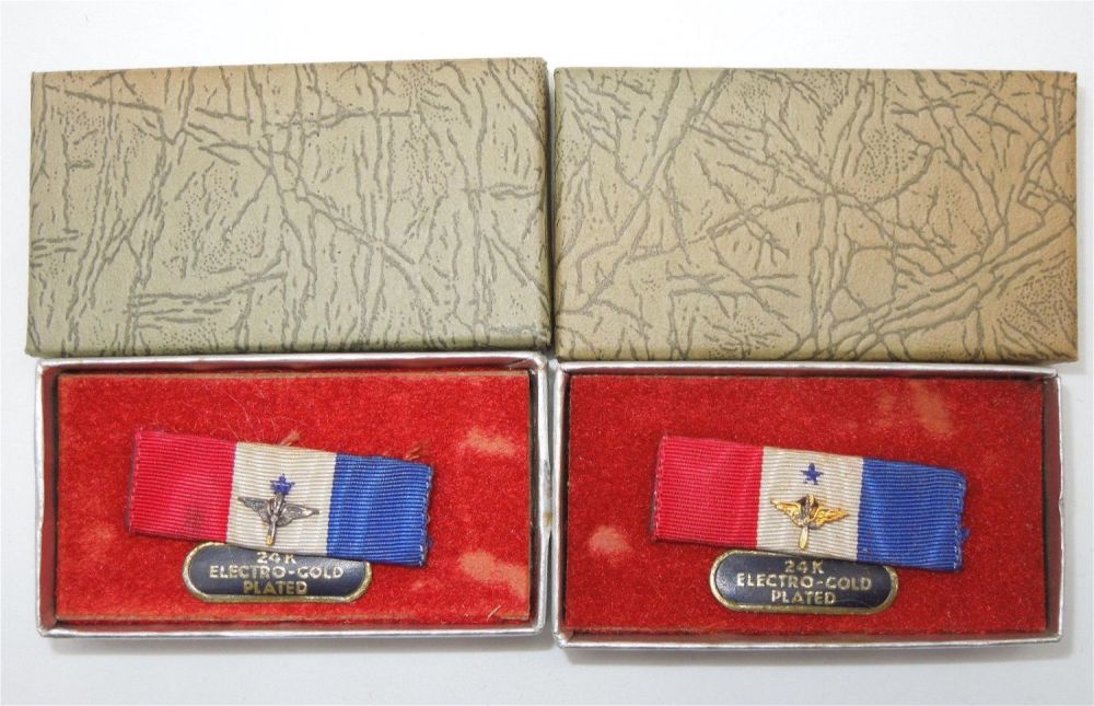 Lot 258: Lot (2) WWII US Army Air Force Home Front Sweetheart Wings & Prop Ribbon Pin 24K Plated