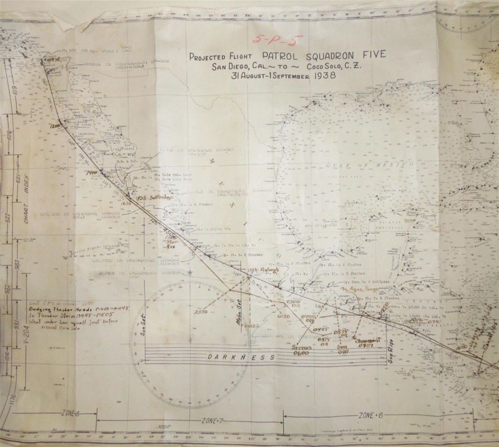 Lot 372: 1938 USN Navy Maritime Patrol Squadron Five 5 (VP-5) Projected Flight Map Canal Zone