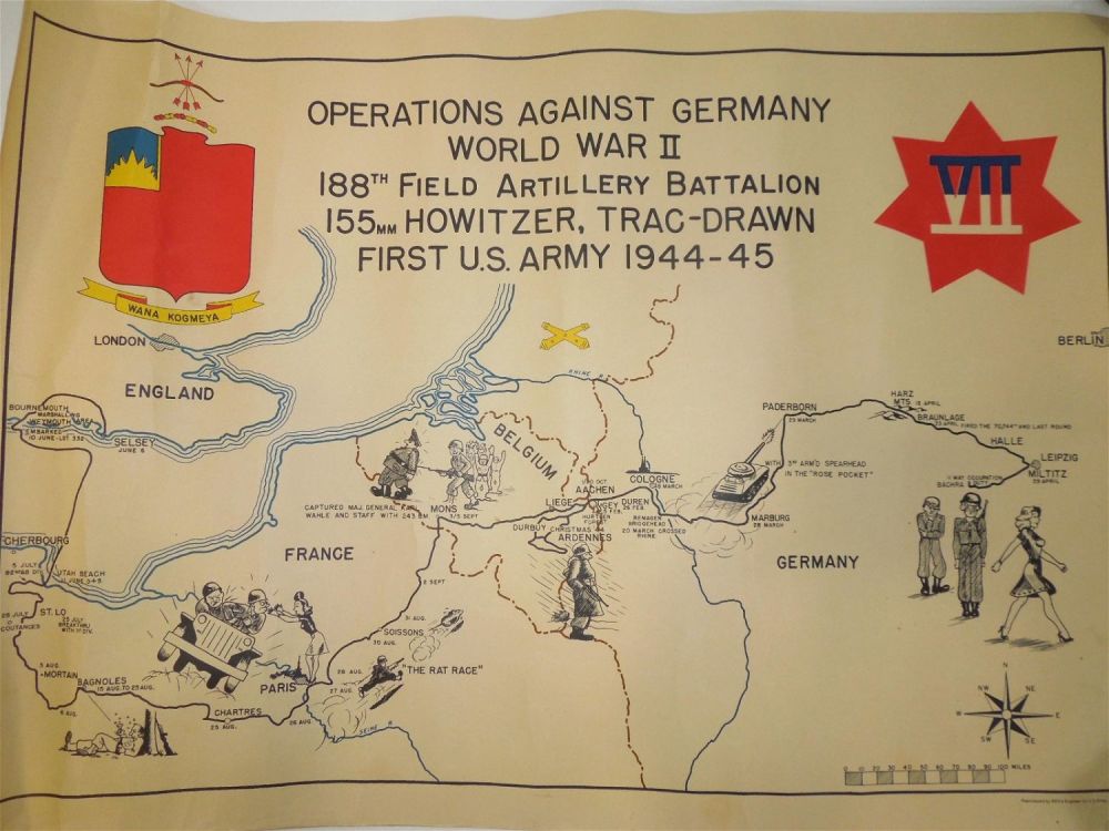 Lot 217: WWII Operations Against Germany Map 188th Field Artillery Battalion 1945